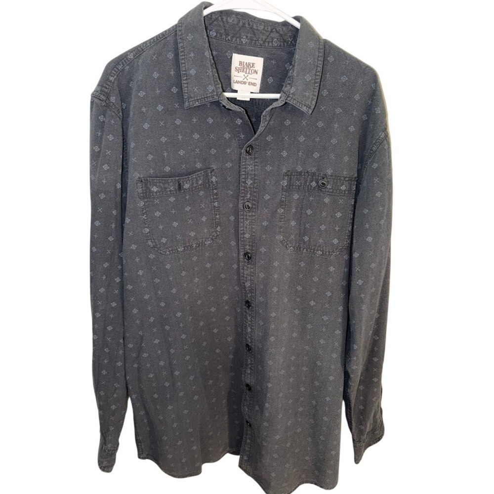 Blake Shelton x Lands End Mens XL Tall Gray Geometric Print Long Sleeve Shirt